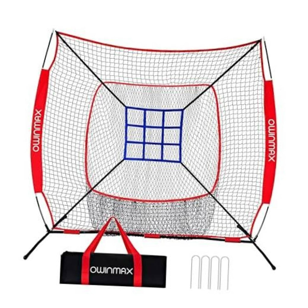 Baseball practice training net with red frame, white mesh and blue target window