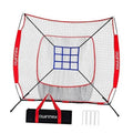 Baseball practice training net with red frame, white mesh and blue target window