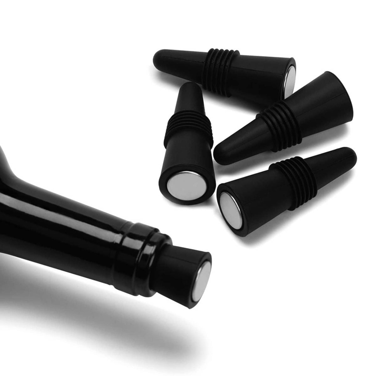 Set of 5 black silicone wine bottle stoppers with ribbed grip and flat sealing pads