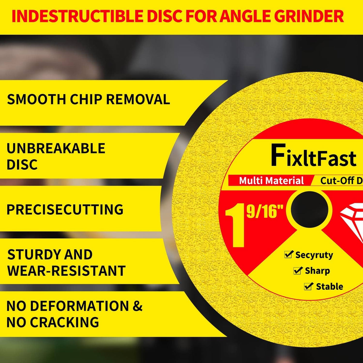 Yellow multi-material cut-off disc with red center label and 9/16-inch center hole