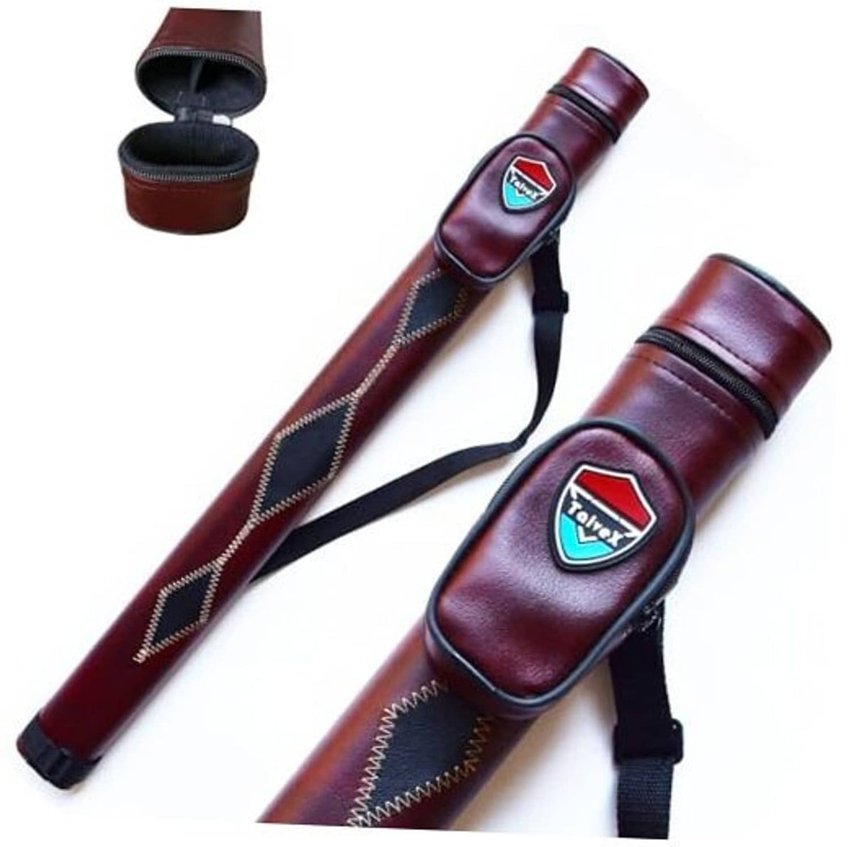 Maroon leather hard cue case with black shoulder strap and protective end cap opening.