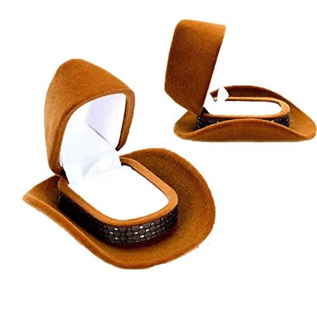Brown velvet cowboy hat ring box with open lid and white insert