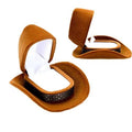 Brown velvet cowboy hat ring box with open lid and white insert