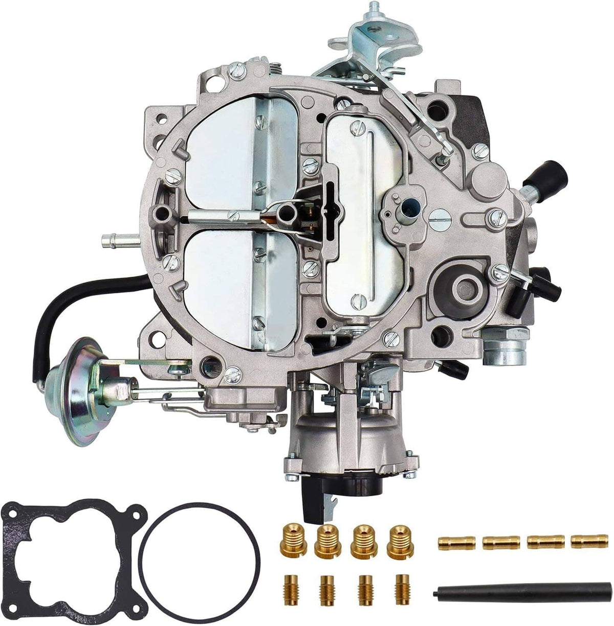 Carburetor upgrade assembly kit with gaskets, brass fittings, and black throttle rod