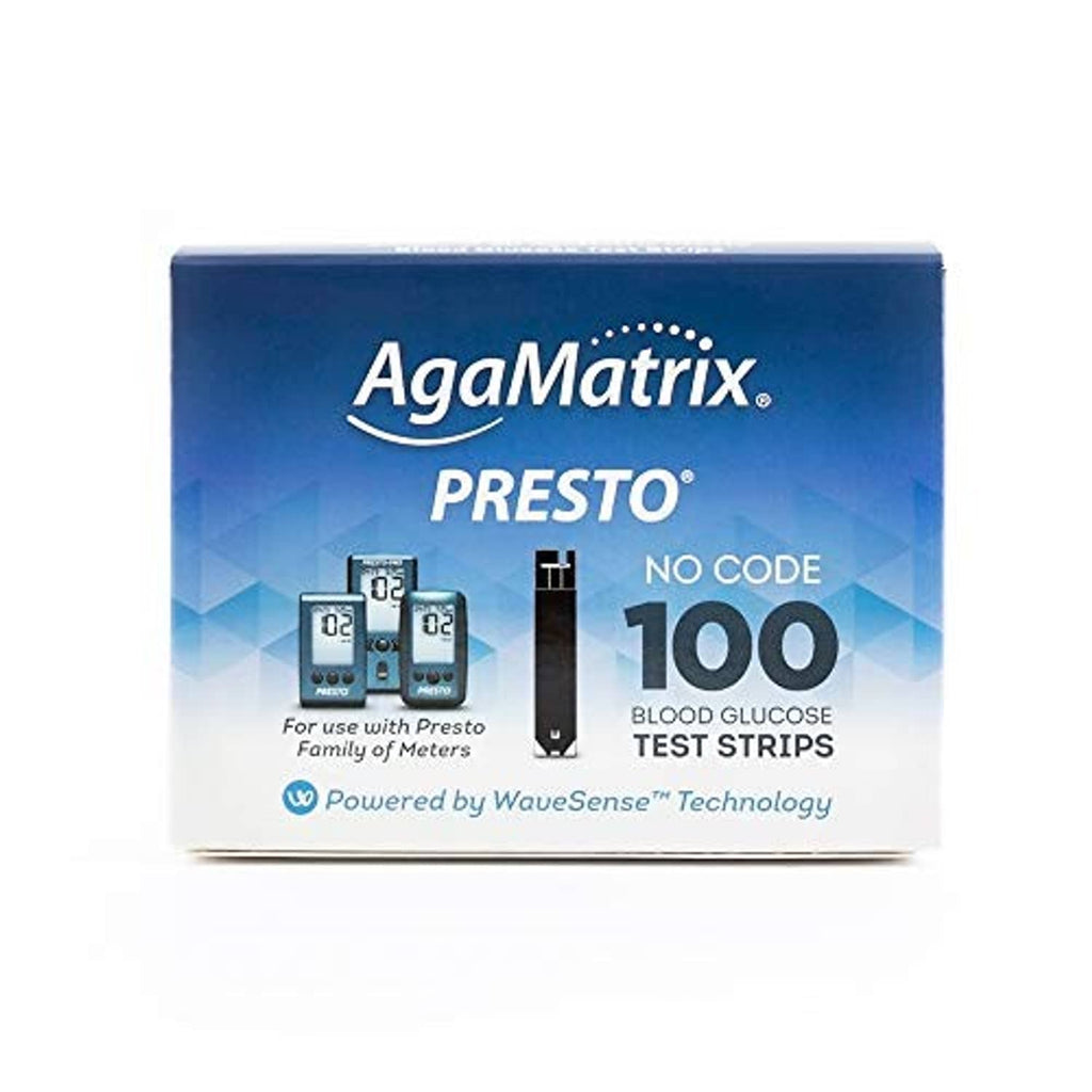 Agamatrix Presto test strip box, blue front with no-code 100 strip graphic