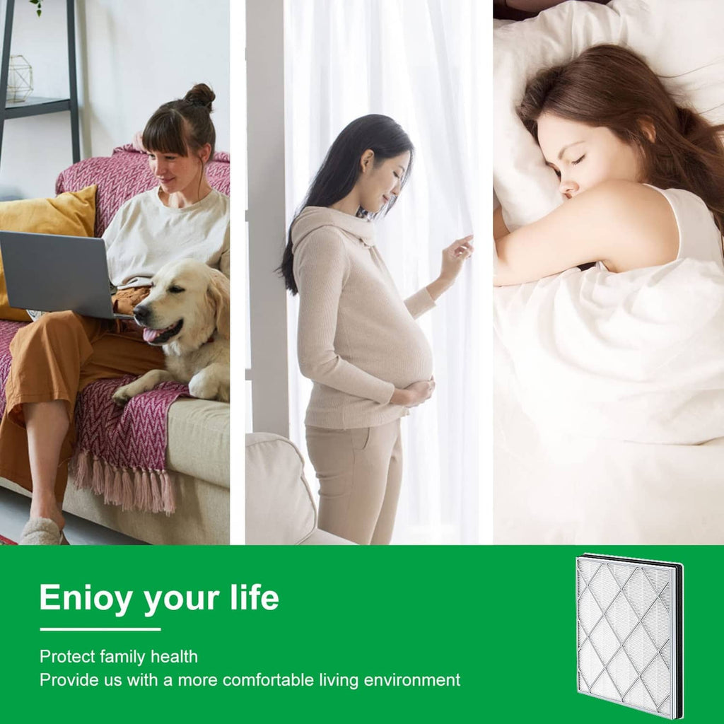 Square replacement air purifier filter in gray frame with white pleated media.
