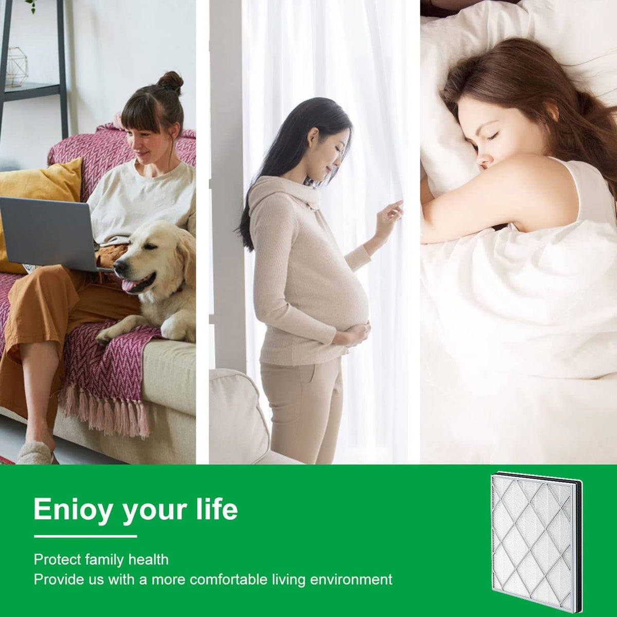 Square replacement air purifier filter in gray frame with white pleated media.
