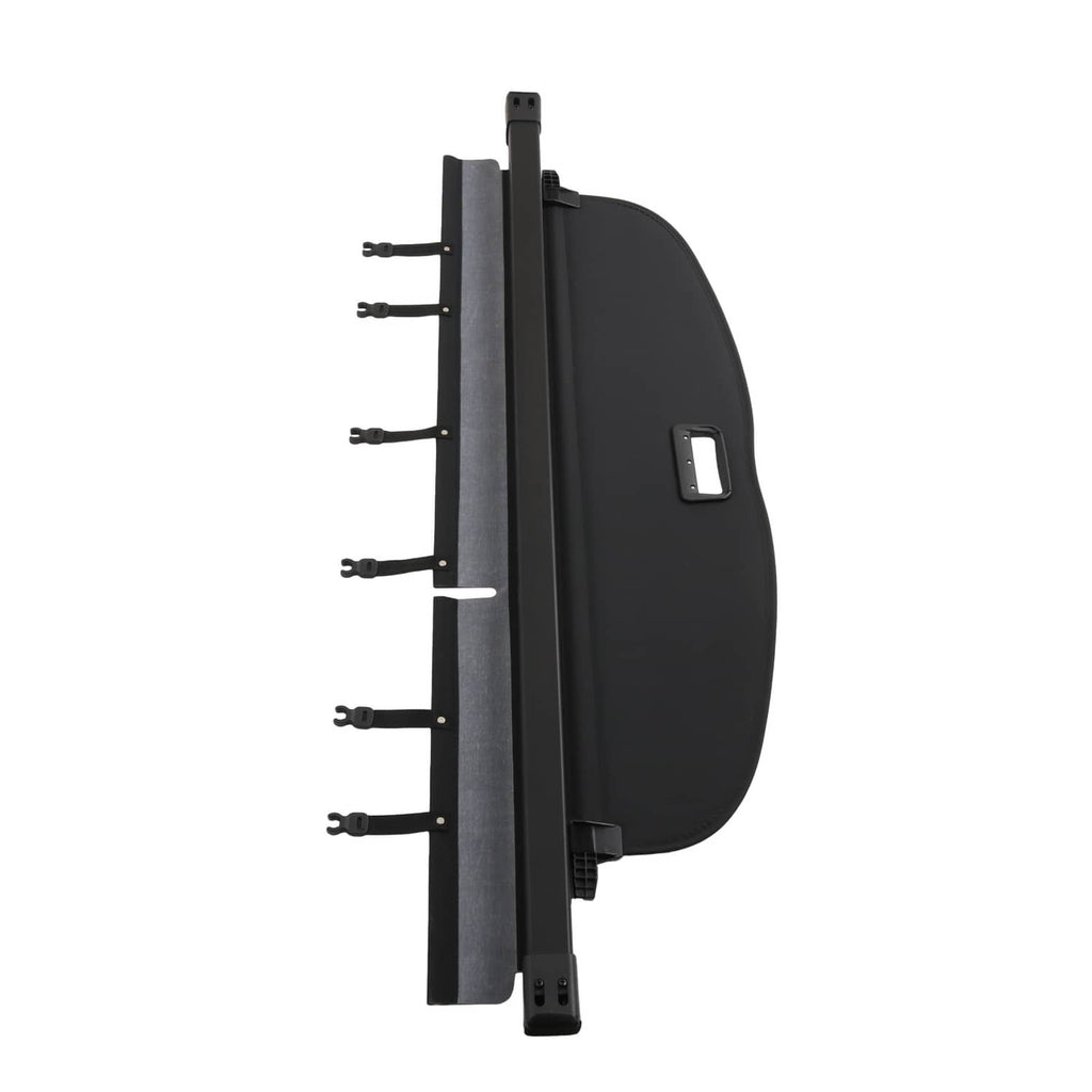 Black trunk security cargo cover end panel with metal bar and fastener pegs