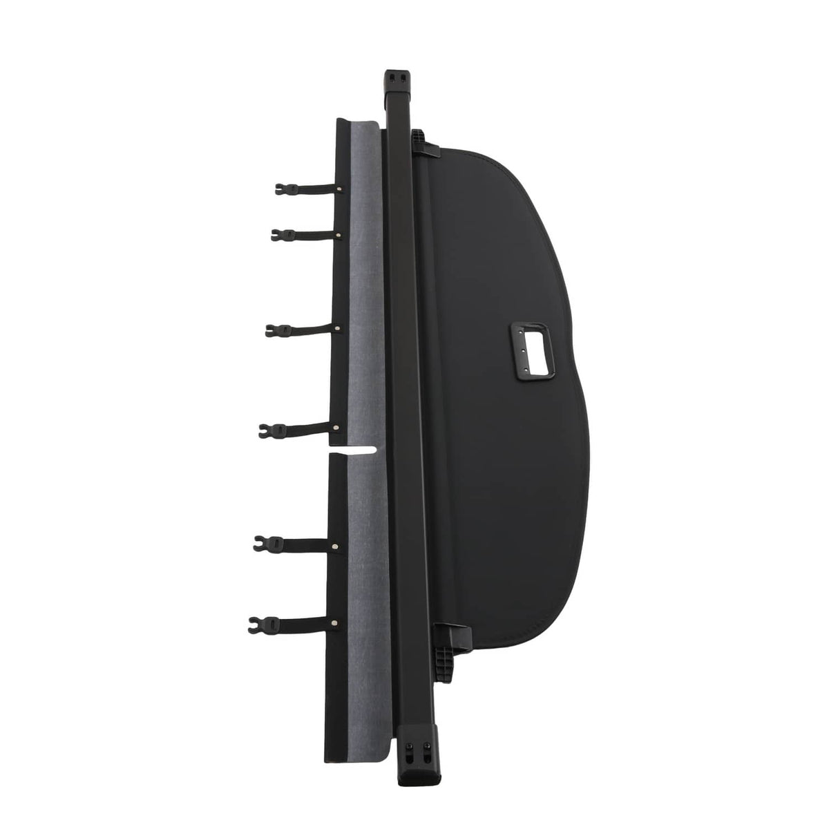 Black trunk security cargo cover end panel with metal bar and fastener pegs