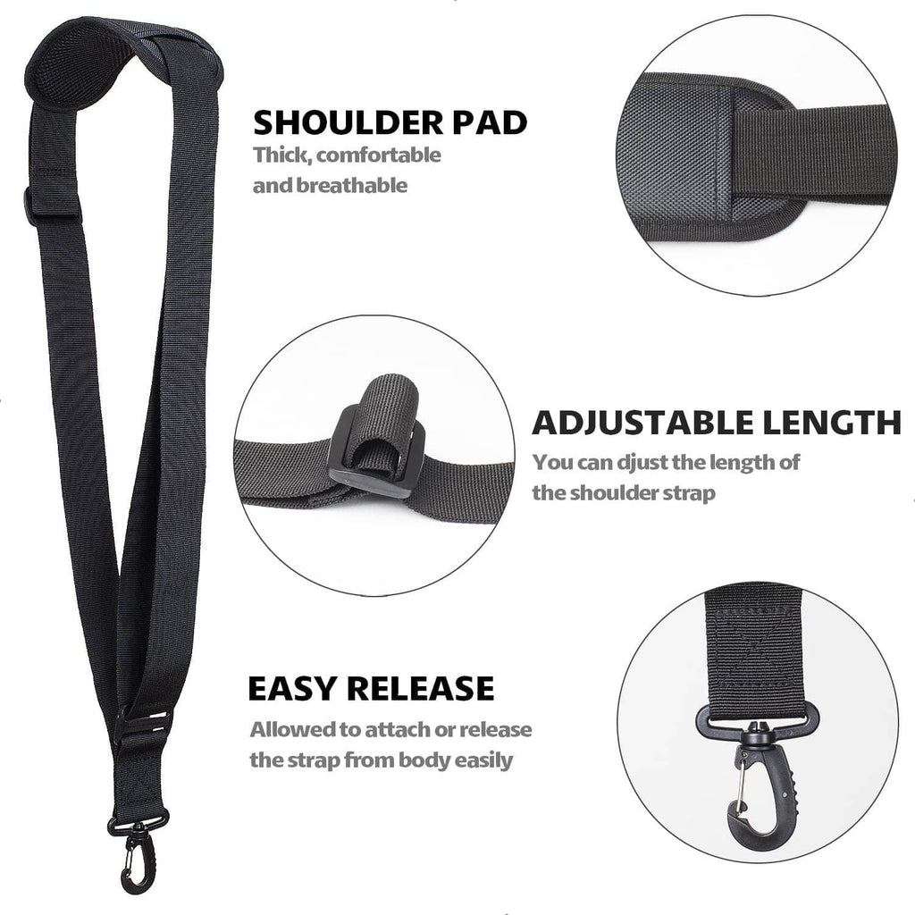 Dark gray trimmer shoulder pad strap with adjustable length and easy-release hook