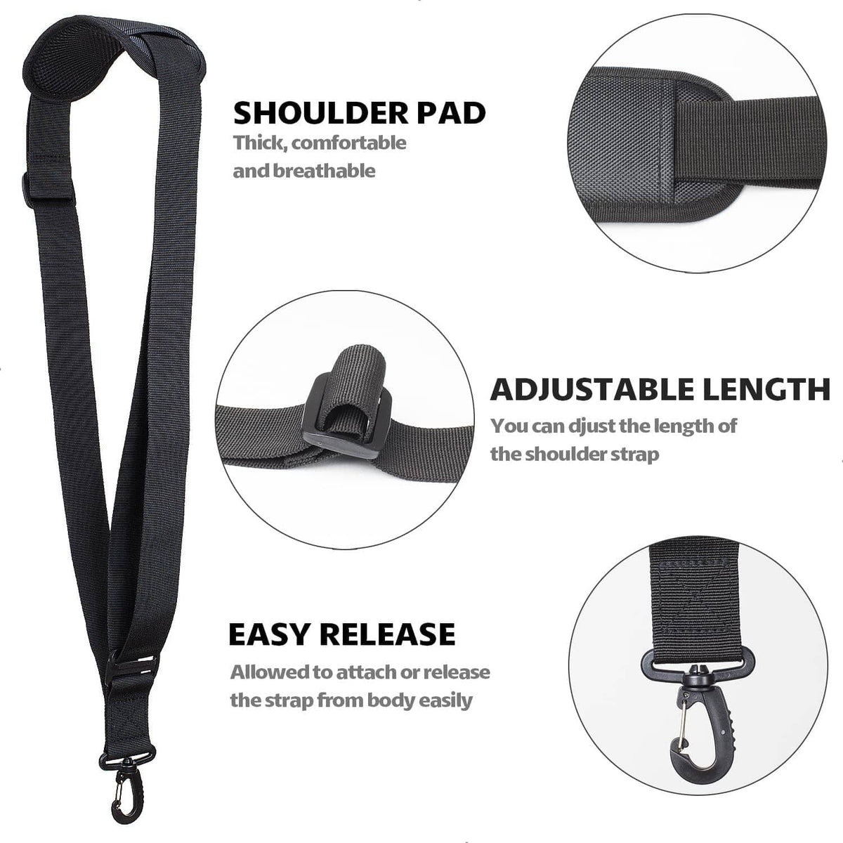 Dark gray trimmer shoulder pad strap with adjustable length and easy-release hook