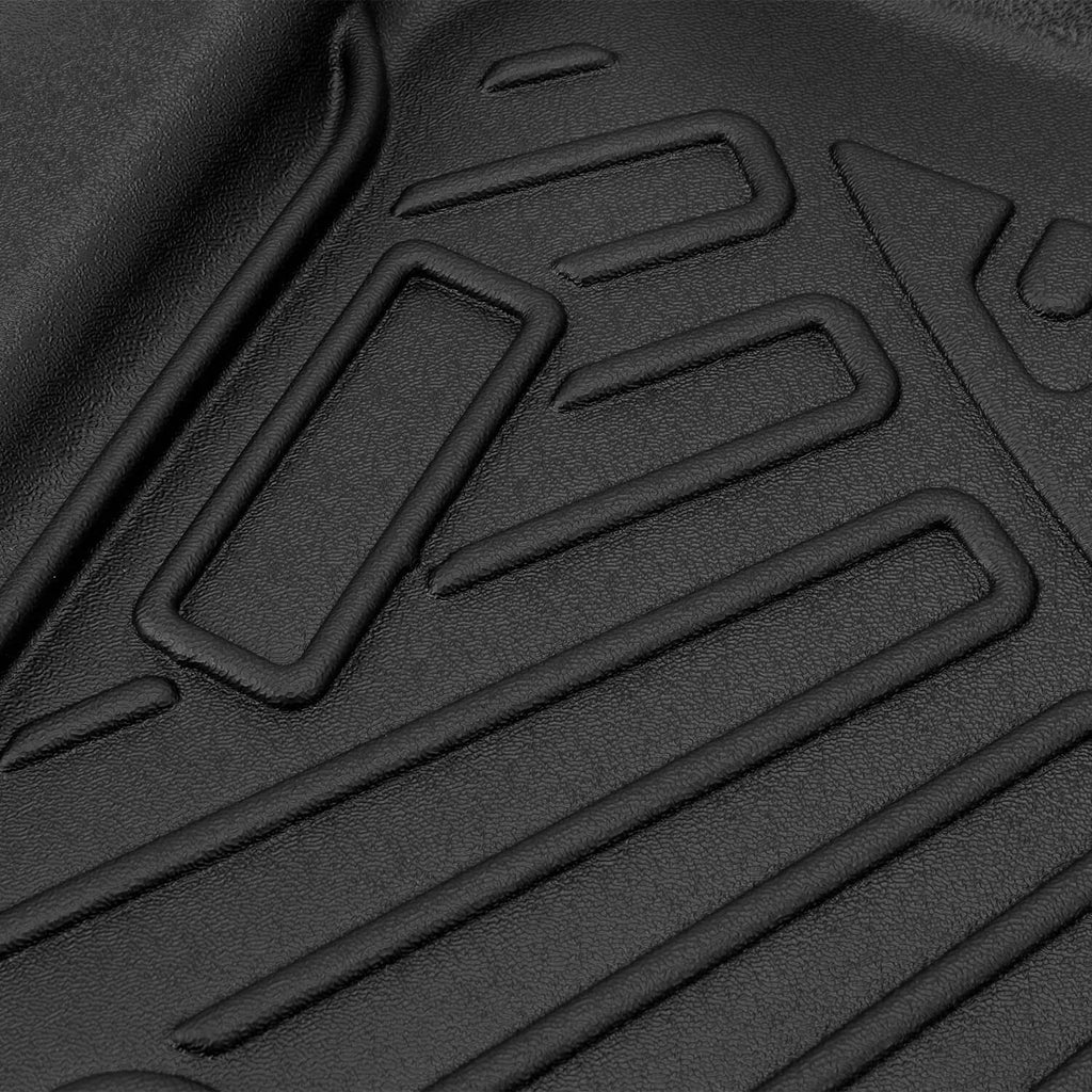 Black TPE floor mat with molded channels and textured grip lines close-up