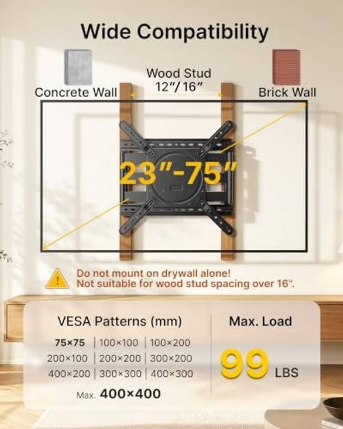 Black TV wall mount installed on wall studs with low-profile bracket and mounting holes