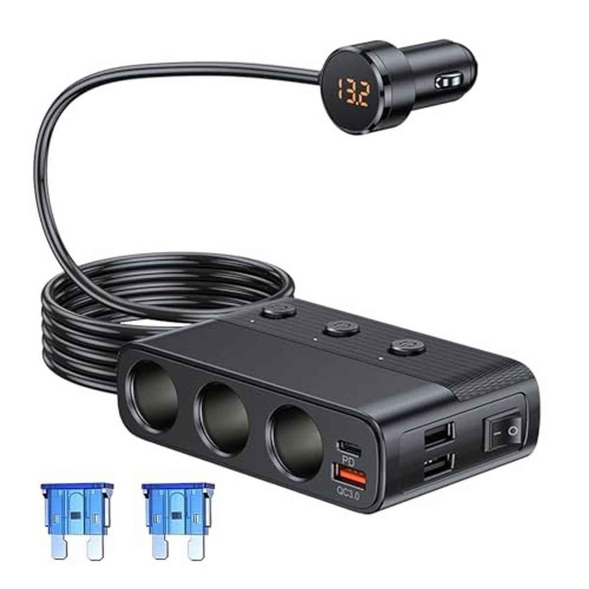 Car cigarette lighter splitter adapter with 3 sockets and dual USB QC ports, LED display