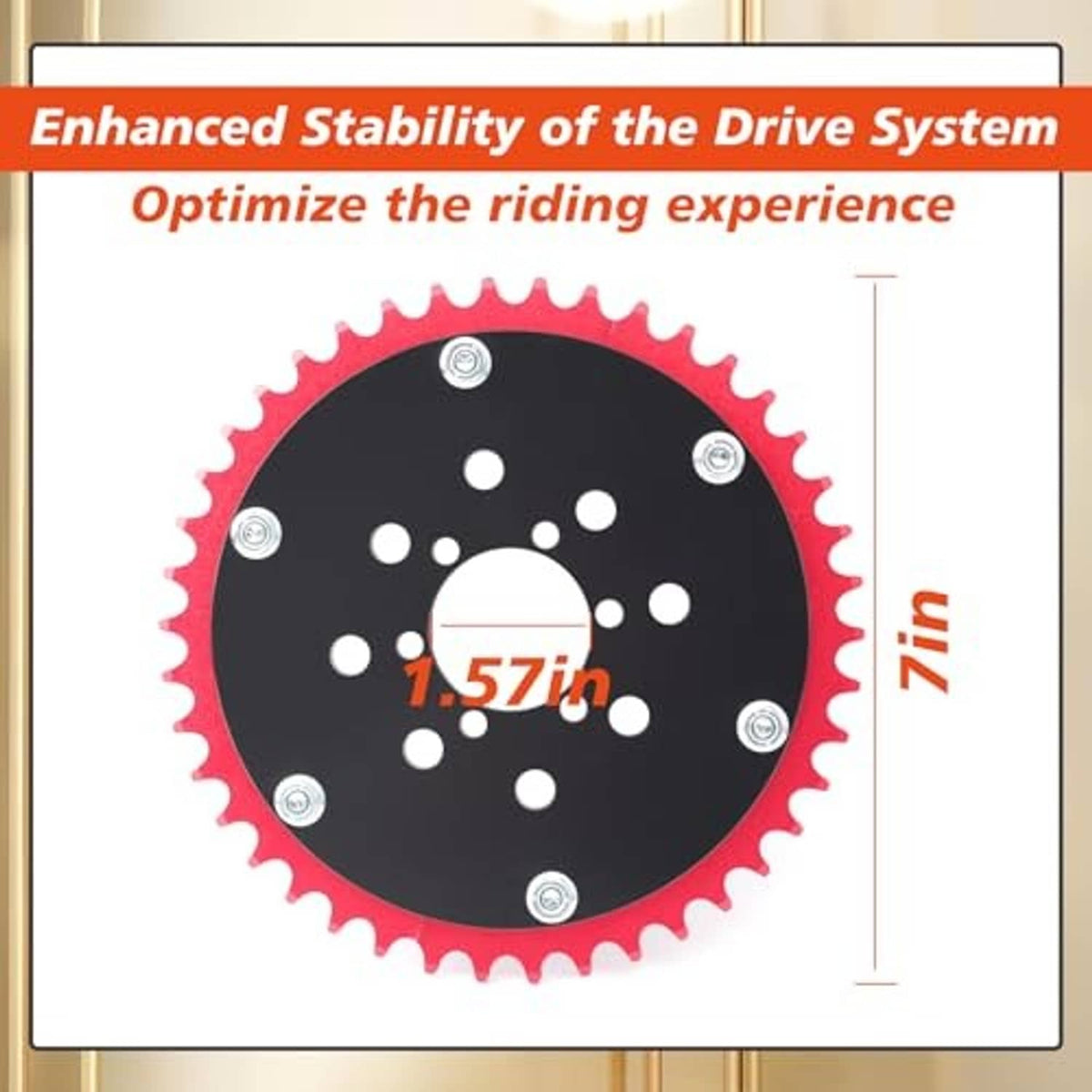 Red chain sprocket with black center plate and visible mounting bolt positions