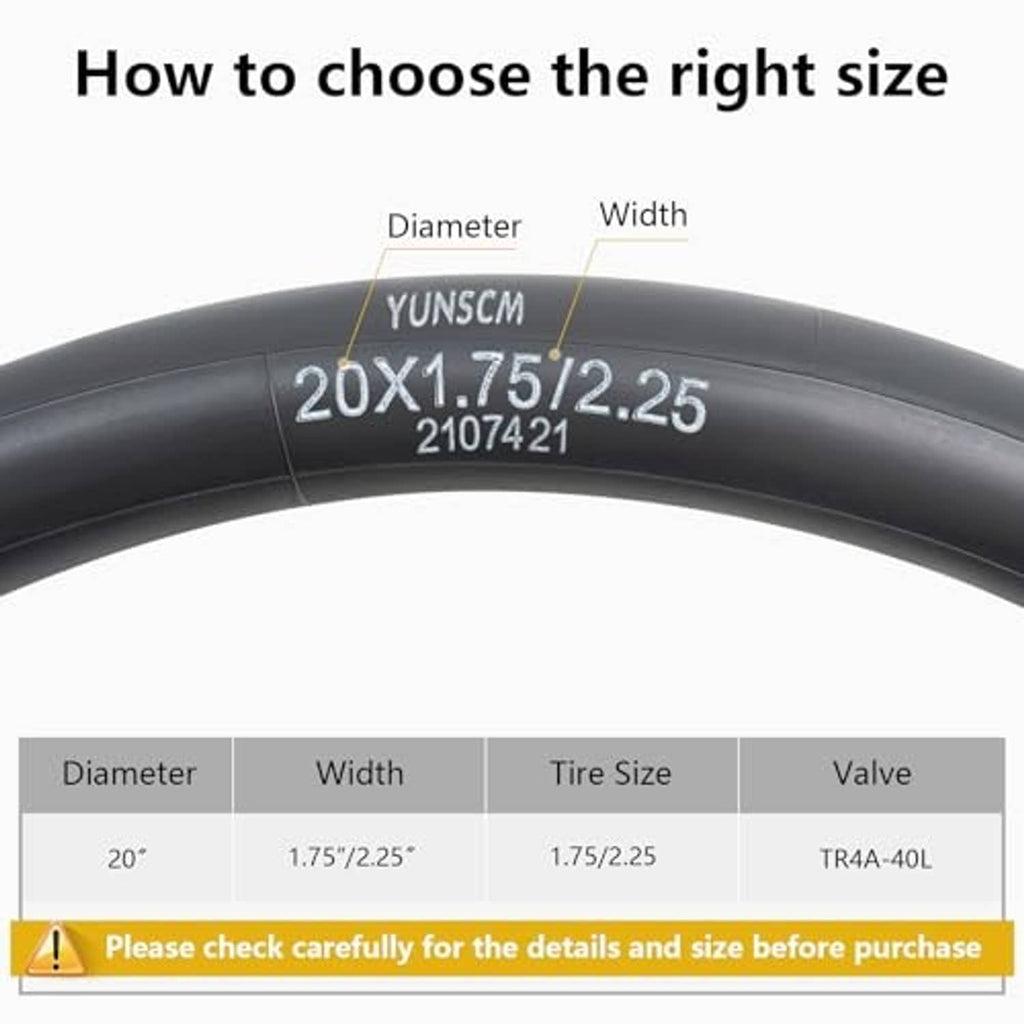 Black 20x1.75/2.25 bike inner tube with printed size markings and warning icon