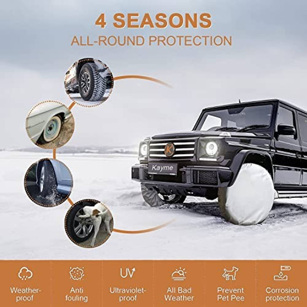 Silver RV tire cover on a spare tire, circular cover with center opening