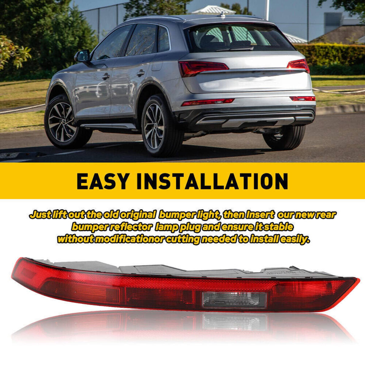 Rear bumper tail lamp with red lens and clear center strip installed