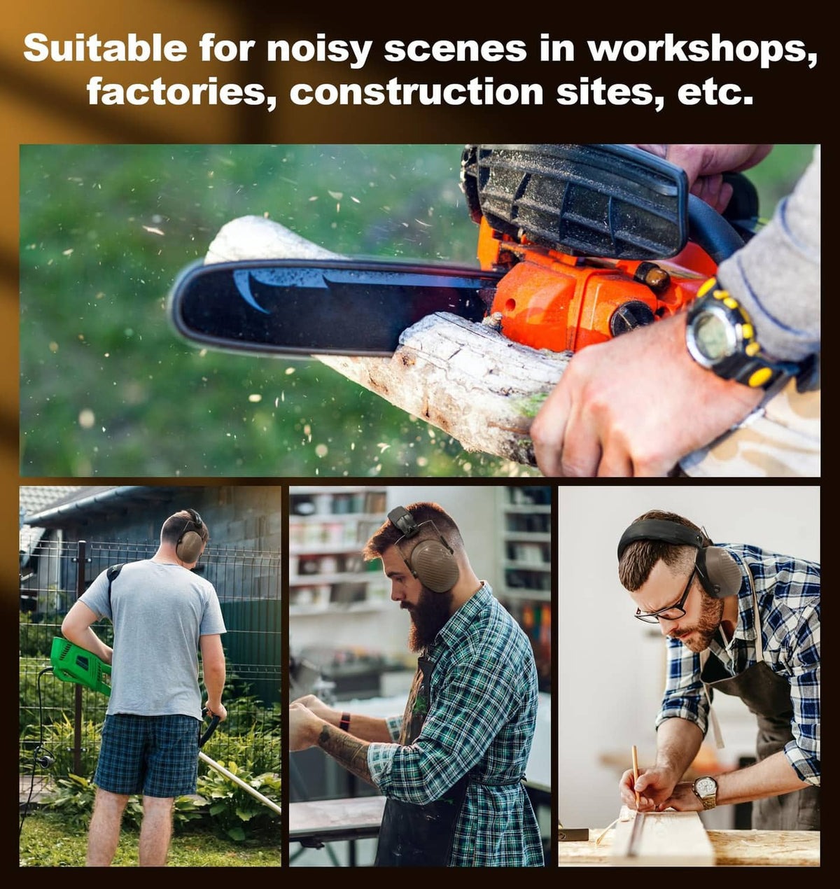 Workers wearing over-ear earmuffs in outdoor and workshop activities