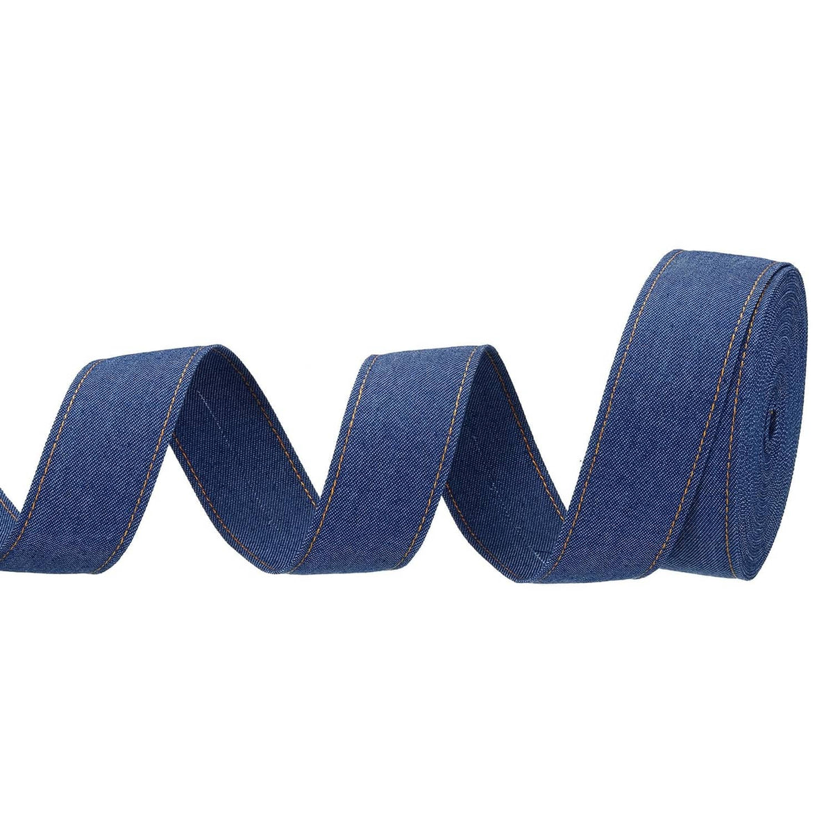 Dark blue denim ribbon strip with stitched edges, rolled and wavy
