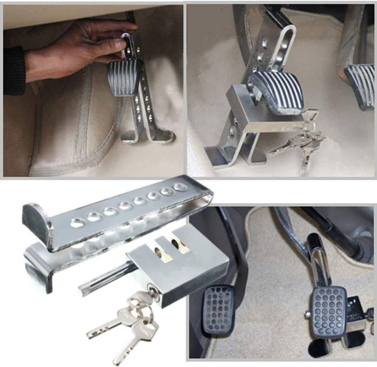 Vehicle pedal lock clamp with textured pads shown installed on brake and clutch