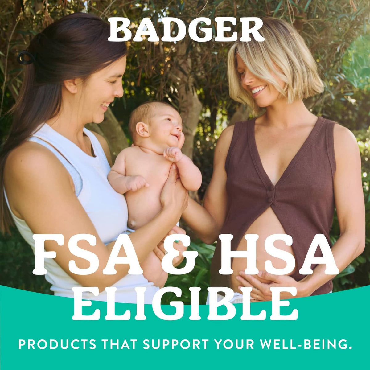 BADGER family care promo photo with two adults and a baby outdoors, text banner below