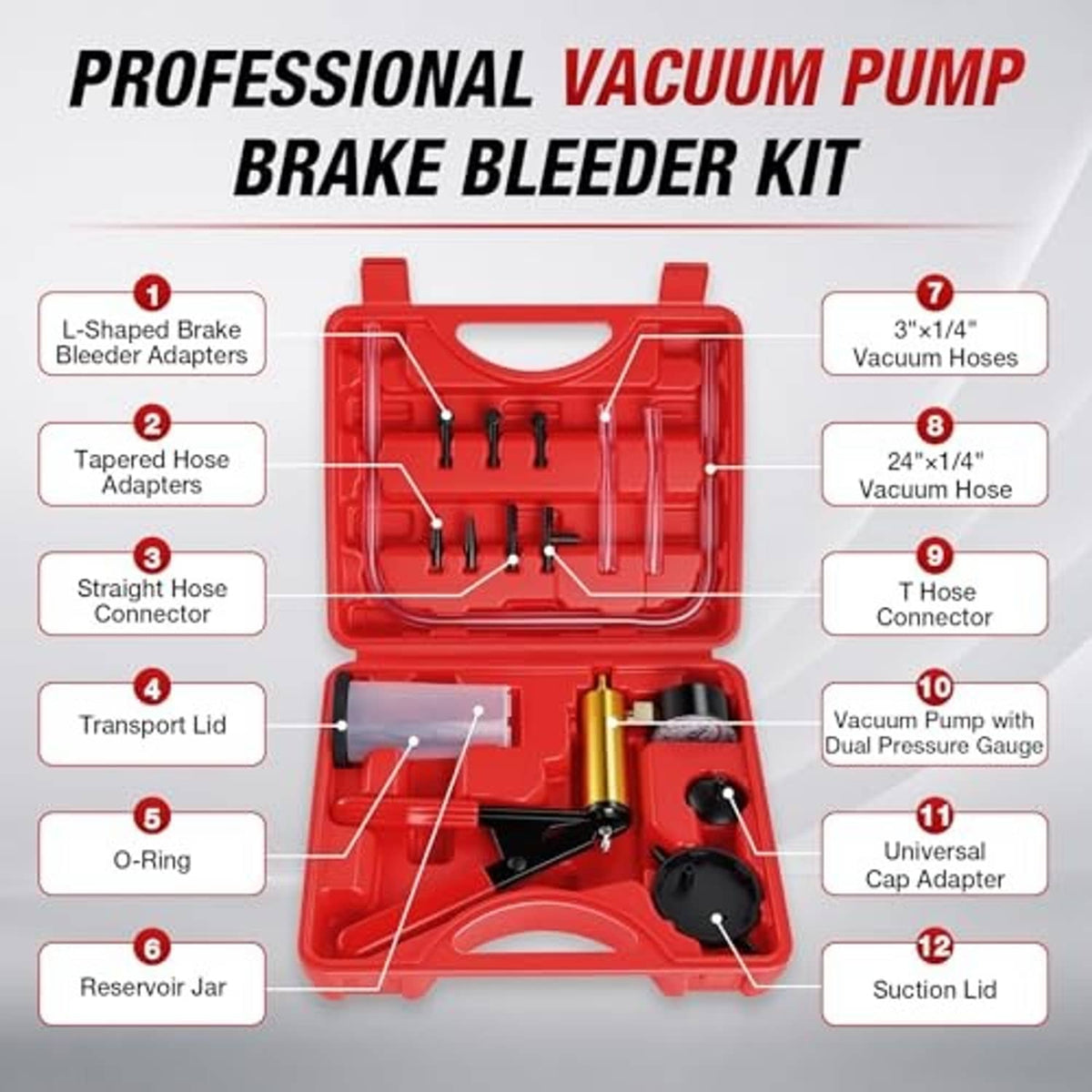 Brake bleeder kit components in red case with pump, reservoir jar, and hoses