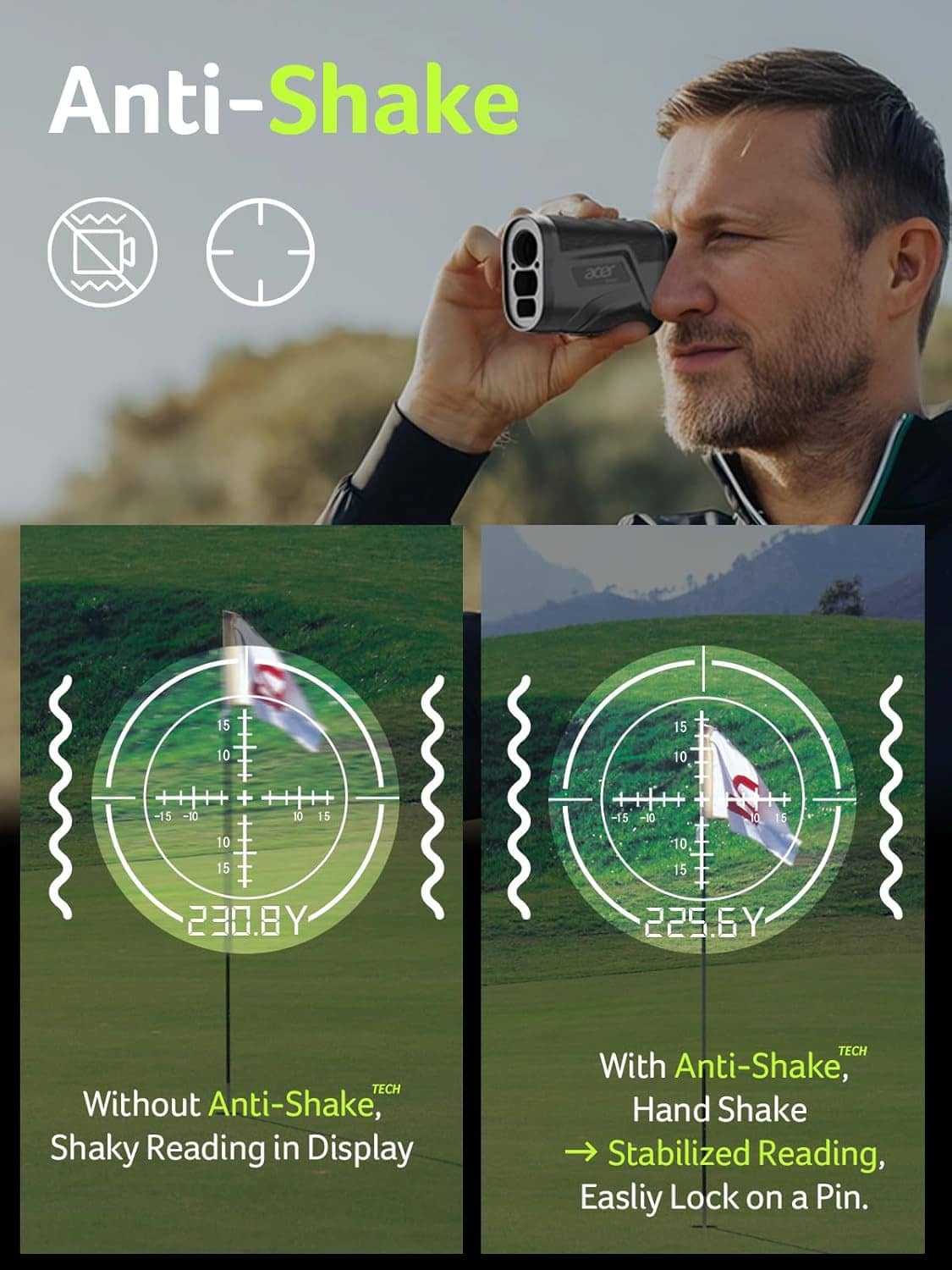 Gray handheld rangefinder held to the eye with circular aiming display on screen