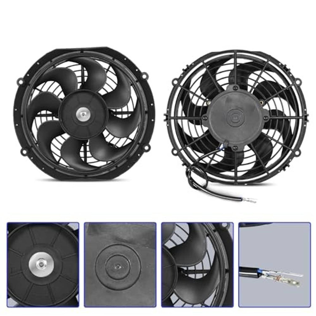 10-inch slim radiator cooling fan kit, front and rear views with wiring terminal lead