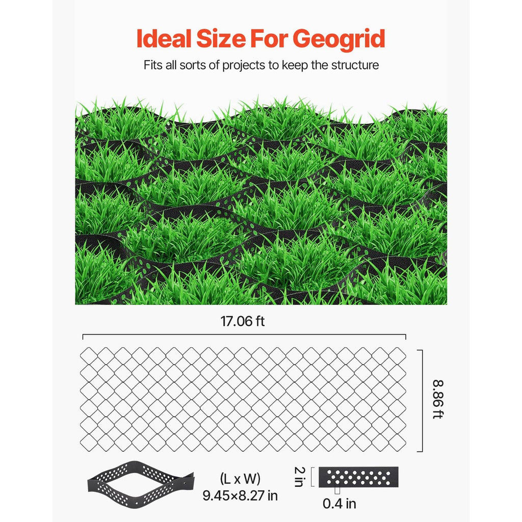 Expanded geogrid panel laid on grass, showing diamond mesh structure for ground support