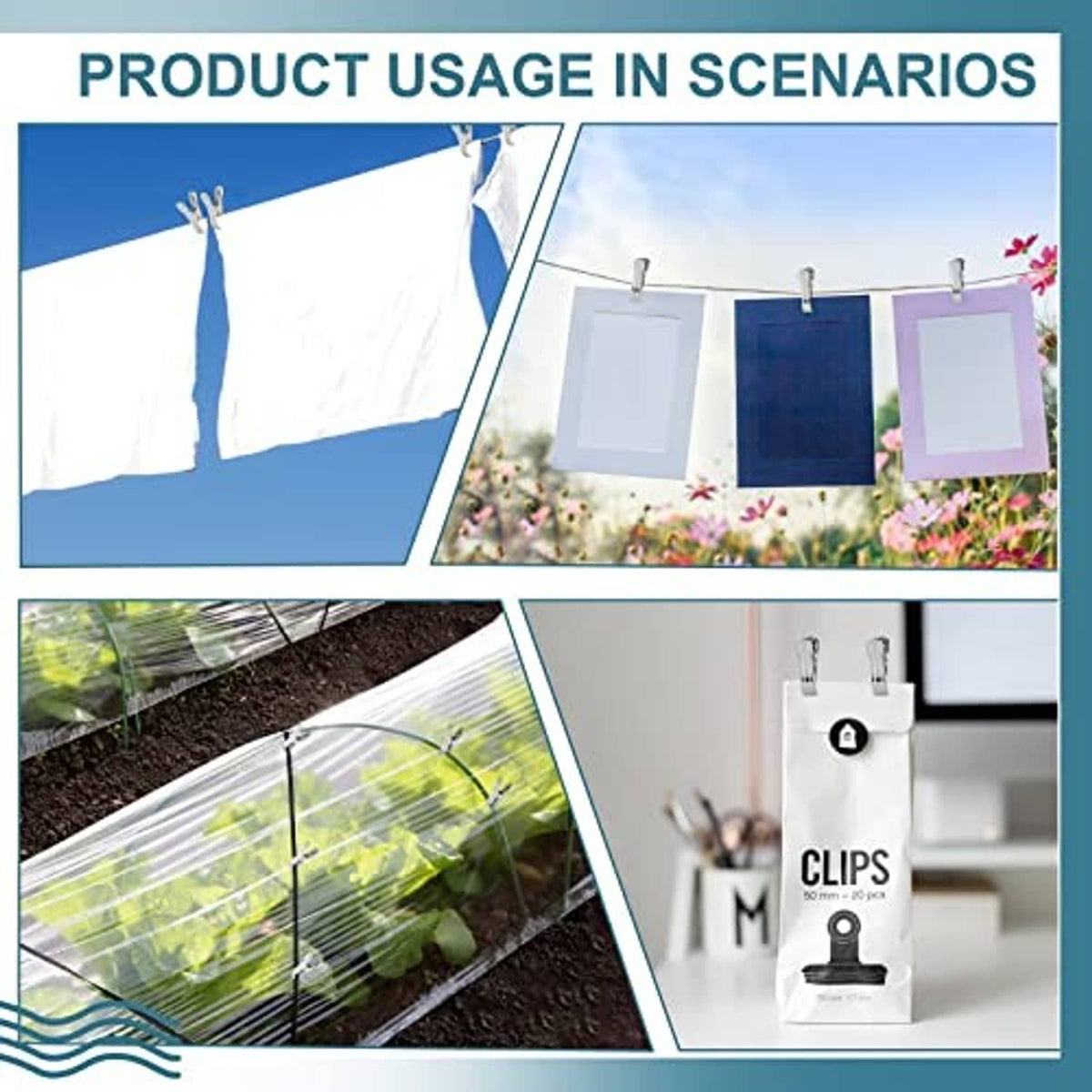 Stainless steel clips holding hanging fabric and linens in multiple display scenarios