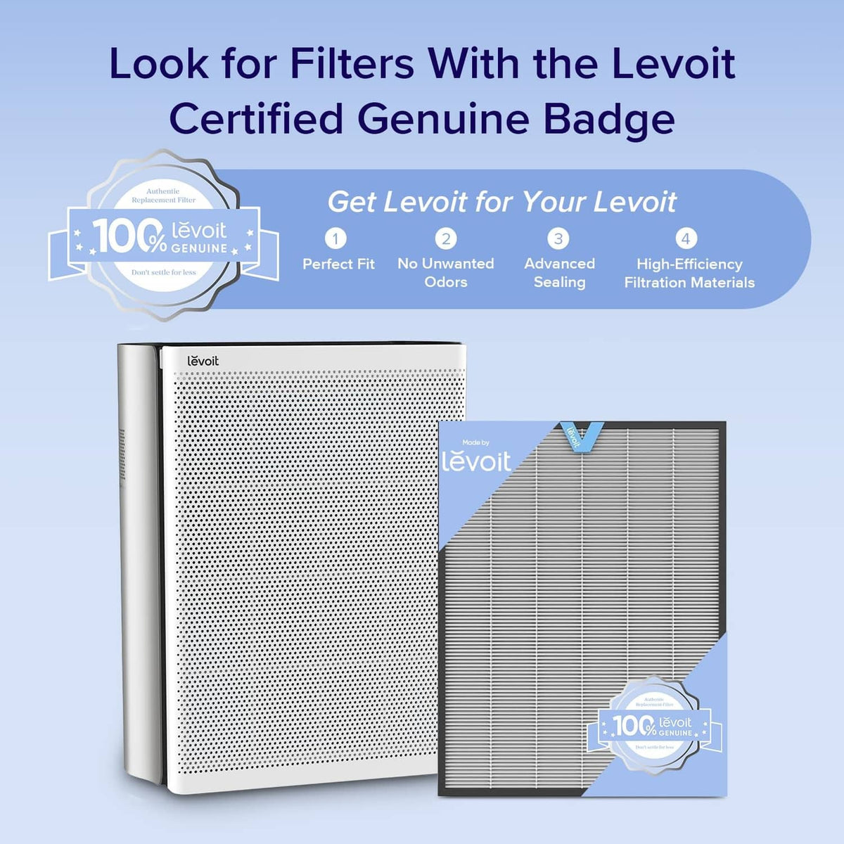 Silvery grey air purifier with perforated front and included filter insert