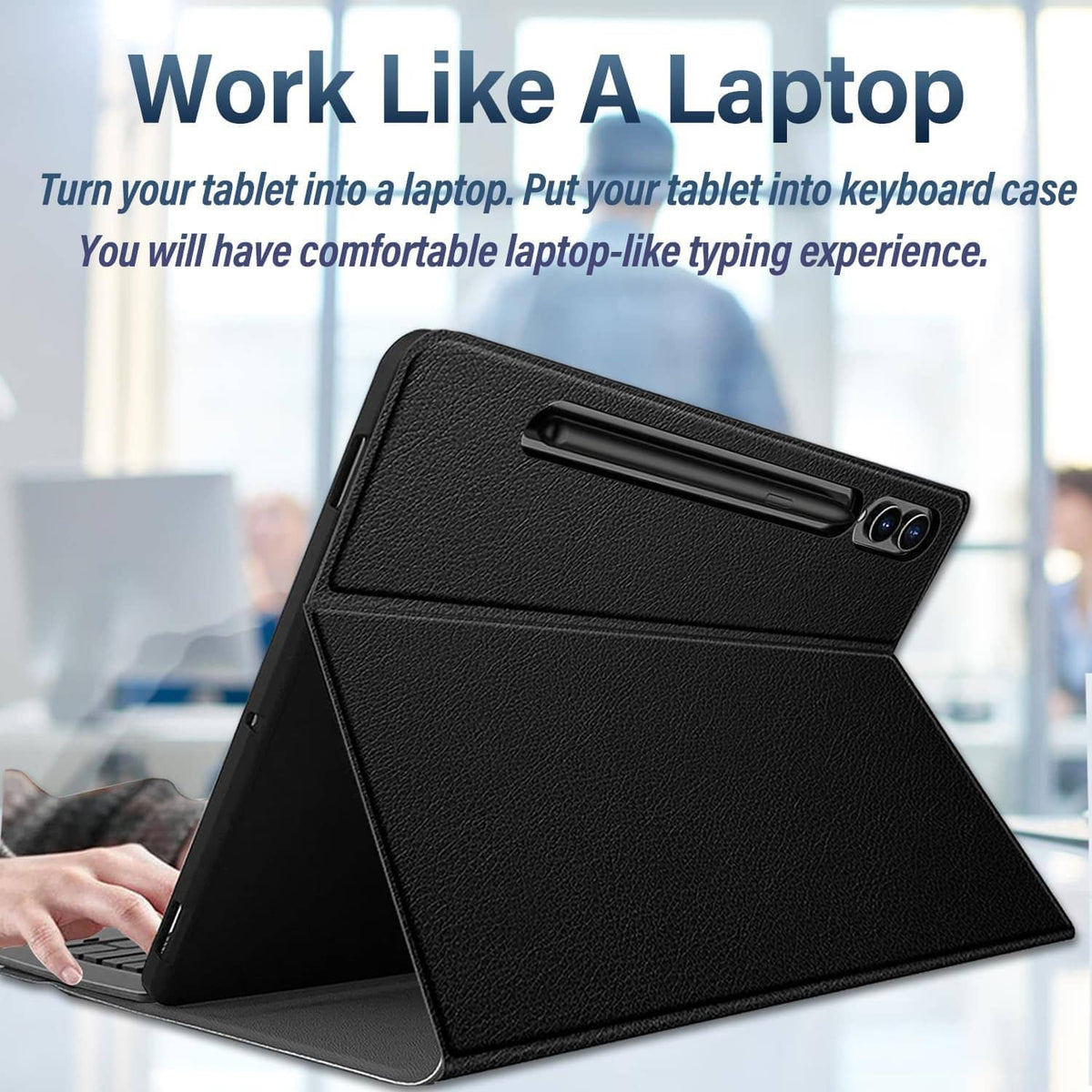 Black leather-texture tablet keyboard case with built-in stand and camera cutout