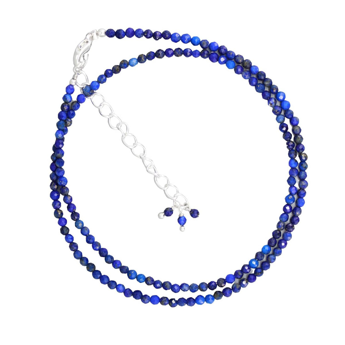 Gempires lapis lazuli beaded necklace with silver chain and small blue charm drop