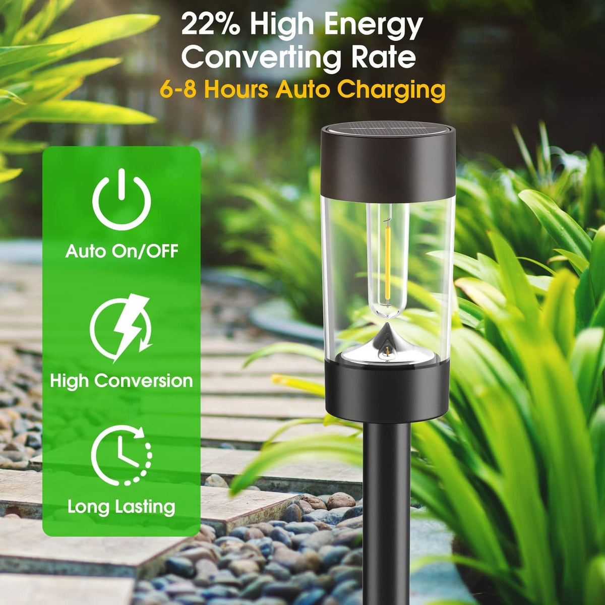 Black solar pathway light with clear glass shade and warm white filament glow