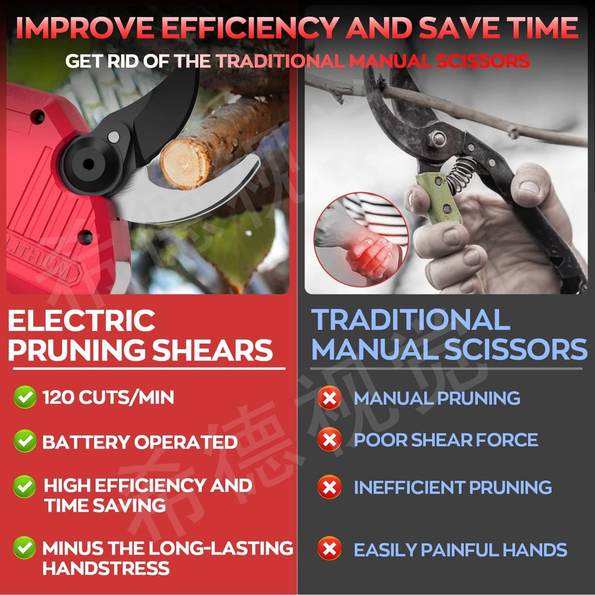Electric pruning shears compared with traditional manual pruners, showing cutting mechanisms