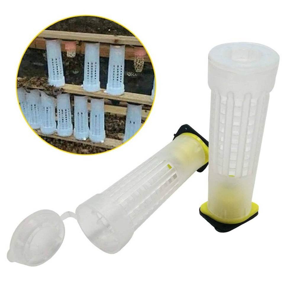Clear queen bee roller cage cup with yellow base and connected applicator tube