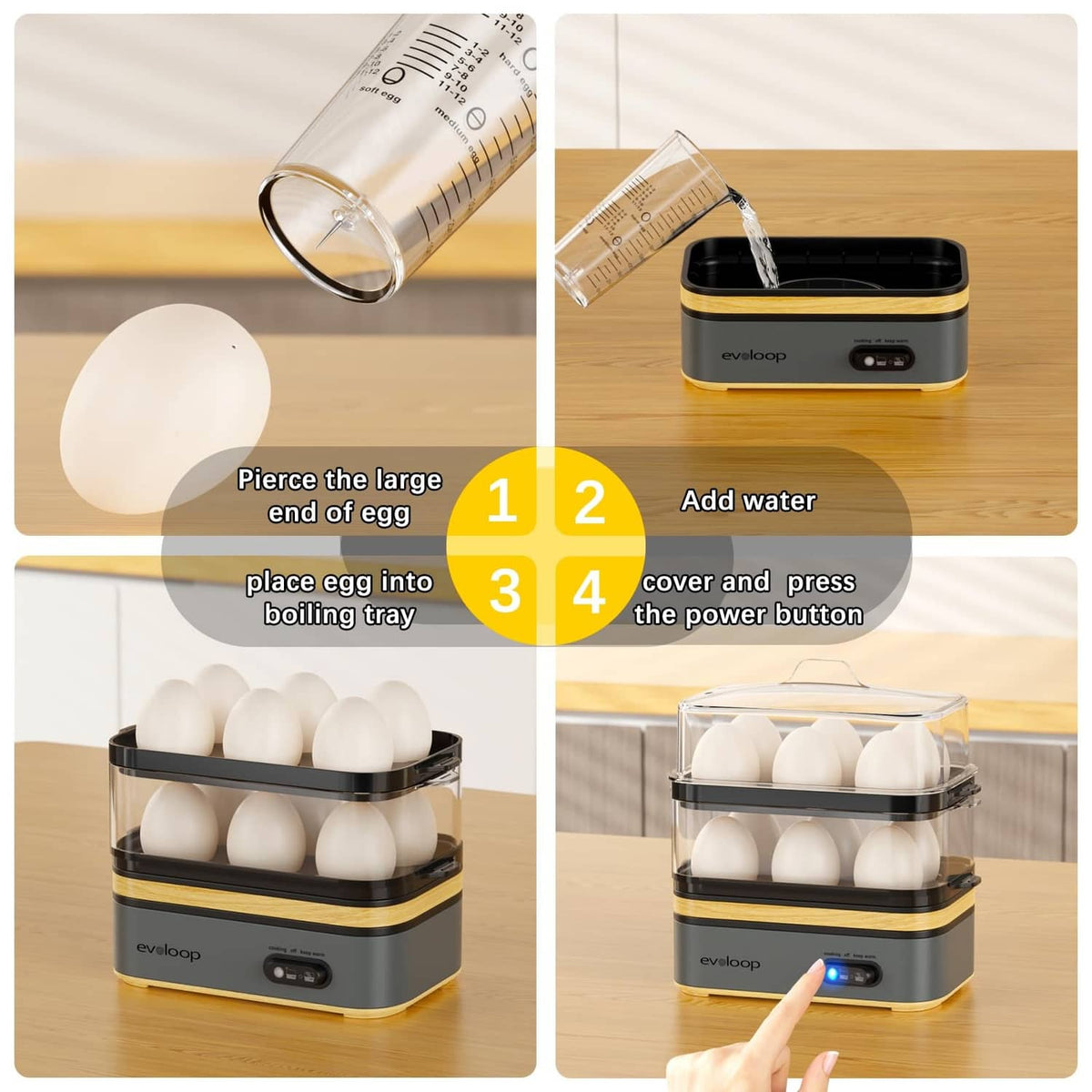 Electric egg cooker workflow showing water pour, cover press, and button activation