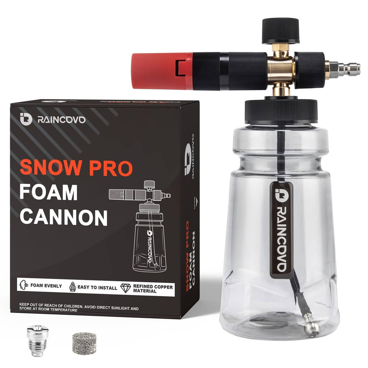 Black wide-mouth foam cannon attachment with clear bottle and brass connector