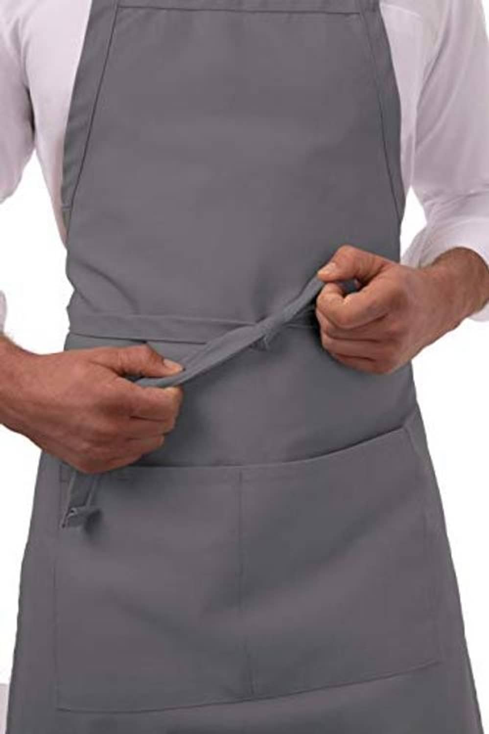 Gray apron waistband area with tie and stitched pocket