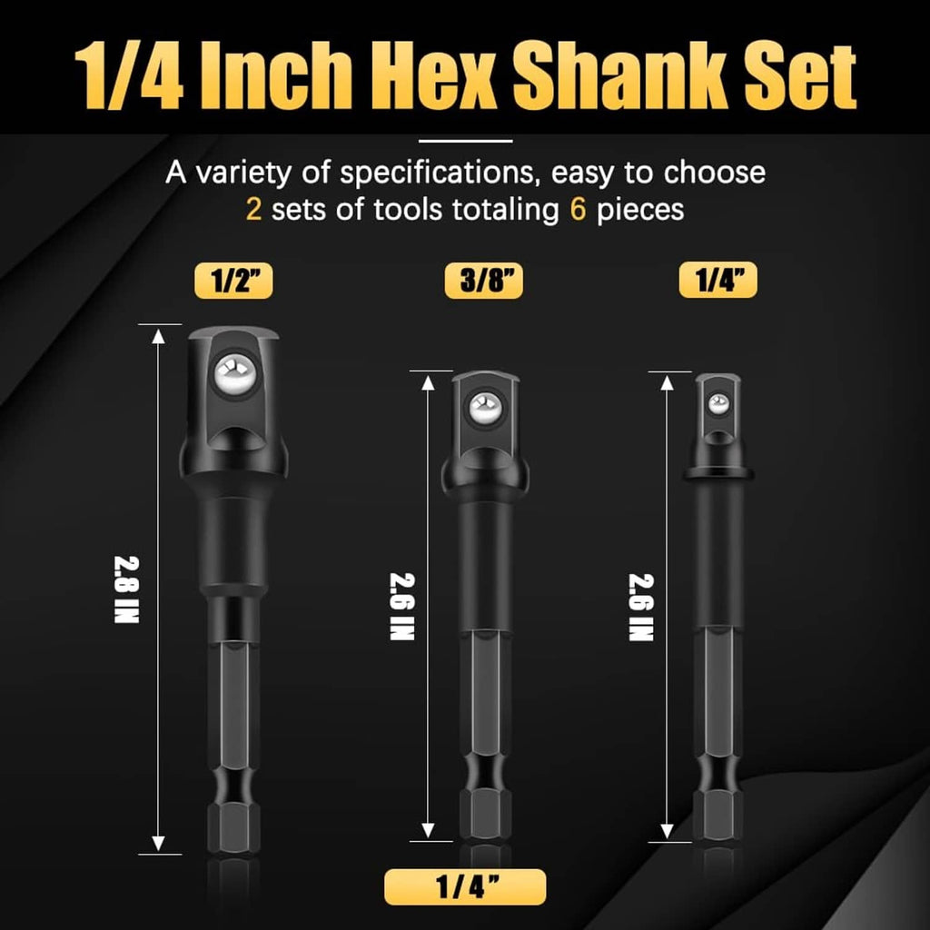 Black 1/4-inch hex shank adapter set with measured lengths and 1/2, 3/8, 1/4 drives