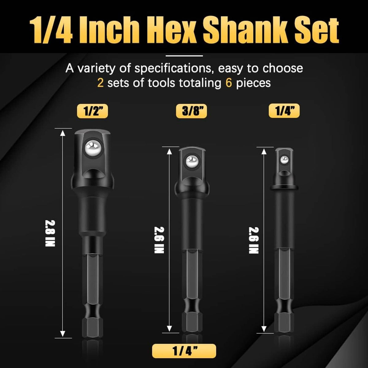 Black 1/4-inch hex shank adapter set with measured lengths and 1/2, 3/8, 1/4 drives