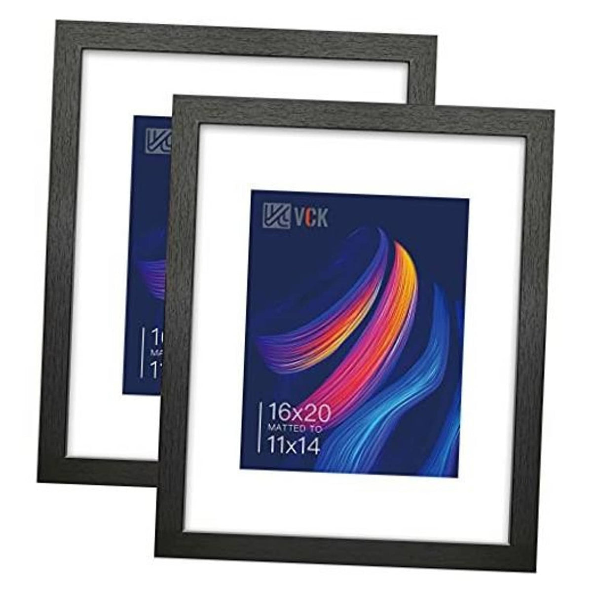 Set of 2 dark gray picture frames with white mat and blue abstract photo insert