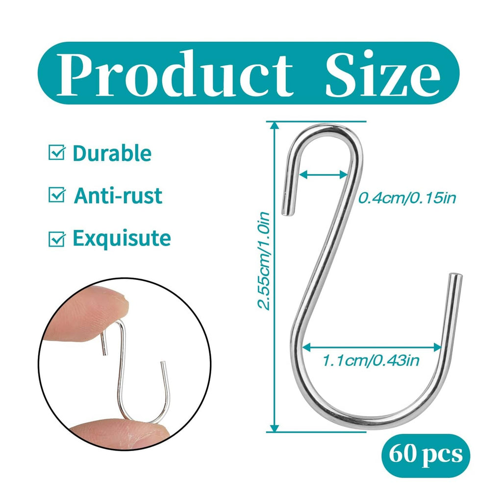 60-piece set of compact silver metal S hooks with U-shaped design