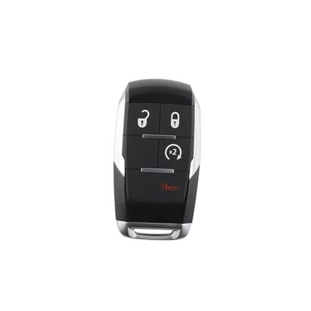 Black 4-button car remote key fob with metallic edge and key-ring slot