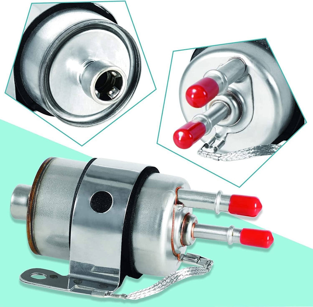 Silver fuel pressure regulator with two red capped ports and braided safety wire