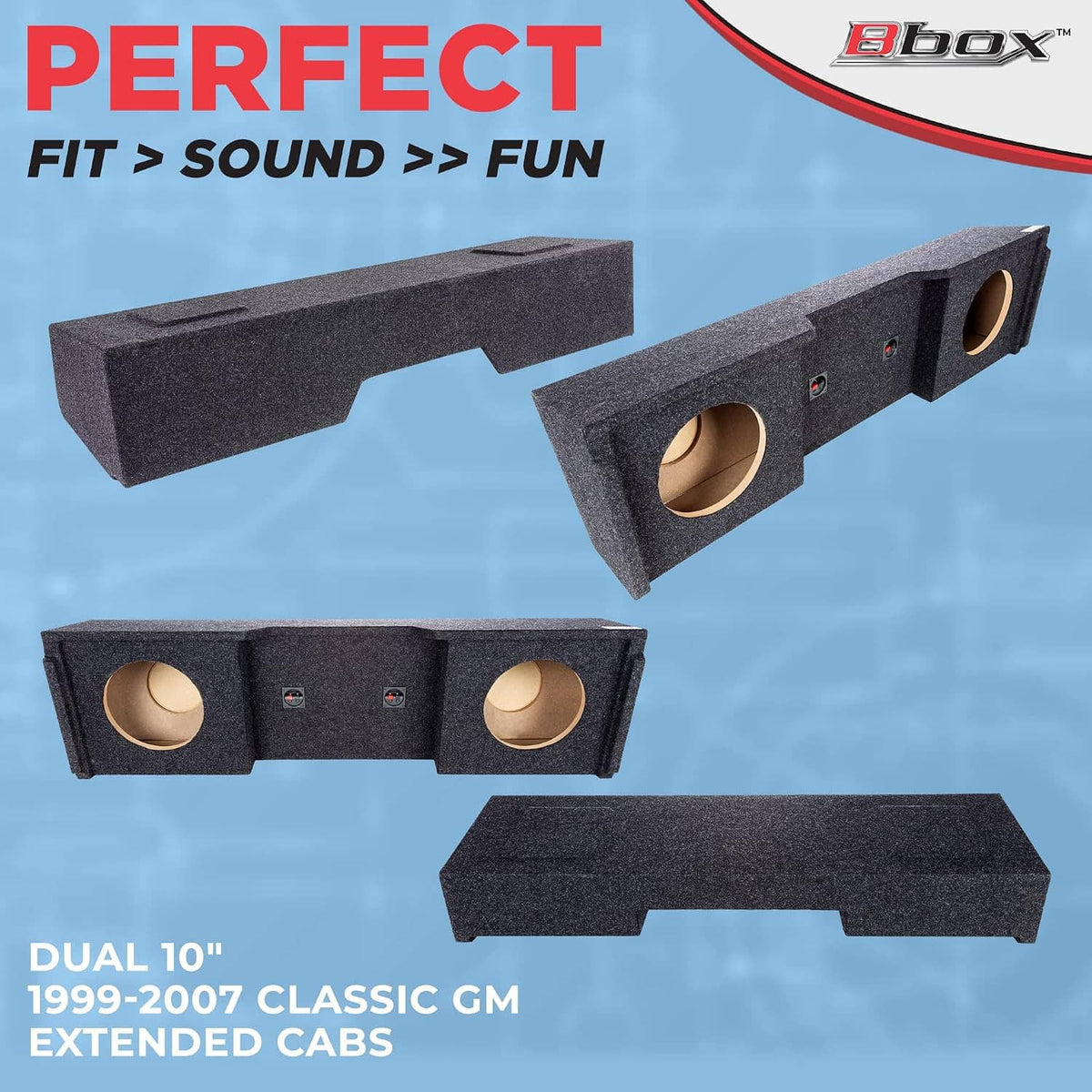 Gray dual subwoofer enclosure with two circular ports and an extended flat mounting top.