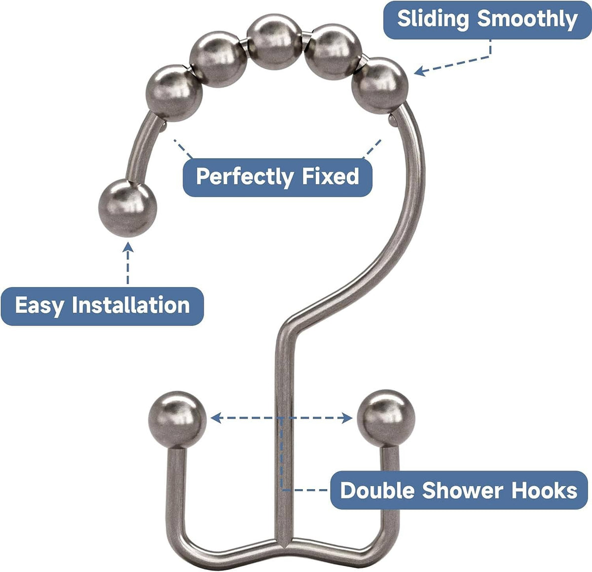 Fixed shower curtain hooks with curved double-hook design and ball grips