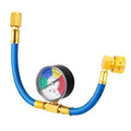 R134A AC charge hose with pressure gauge, blue hose and gold brass fittings