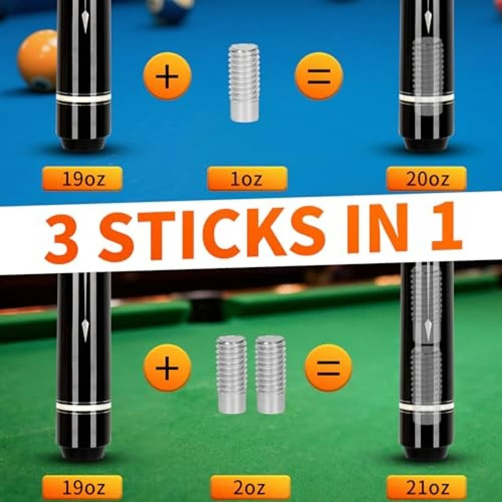 Pool cue sticks with weight bolts and matching tips shown for multiple combinations